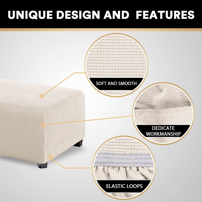 PrinceDeco Stretch Ottoman Cover Slipcovers Rectangle for Living Room Foot Stool Covers to Fit Ottoman Foot Rest, Thick Checked Jacquard Fabric with Elastic Bottom (Oversized Ottoman, Ivory) - Image 4